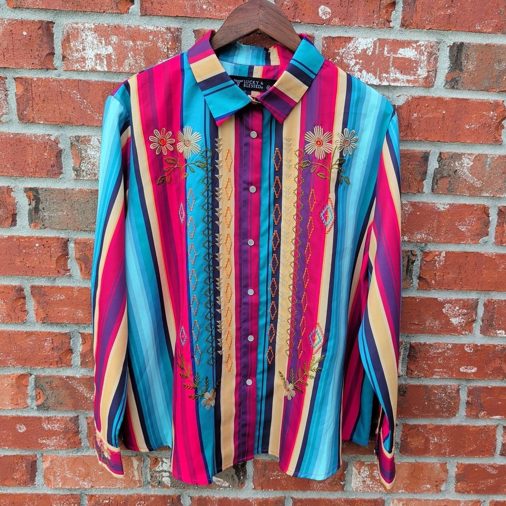 Lucky & Blessed Western Shirt Womens XL Multi Color Embroidered Pearl‎ Snap